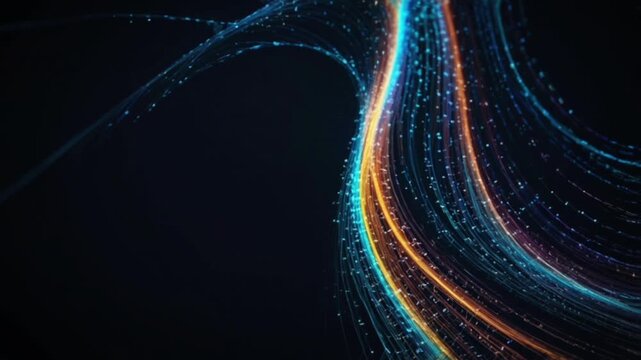 An abstract image featuring curved strands of blue and orange light moving dynamically against a dark background.