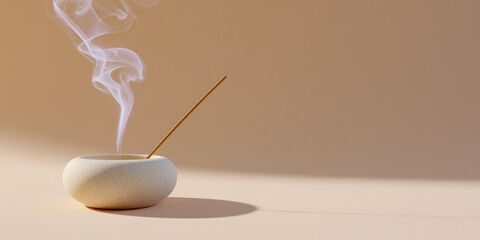 An incense stick with swirling smoke, creating a calming ambiance. The smoke gracefully rises from a small, elegant holder