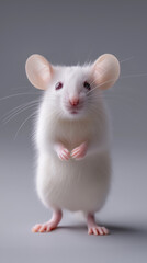 Cute white mouse standing upright with tiny paws isolated on a clean studio background.
