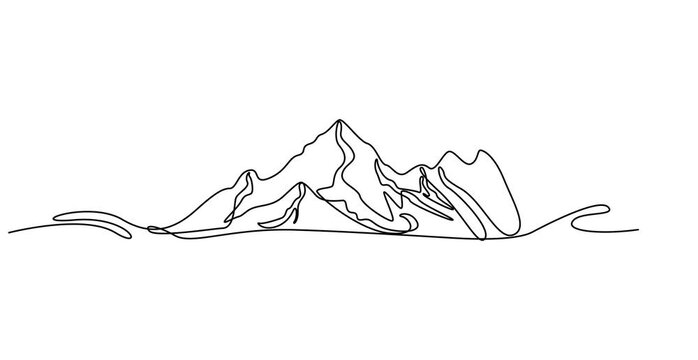 Video. Continuous linear drawing of abstract landscape on a mountain range background, with setting sun. High mountains and sun in a simple linear style. Winter sports concept. Animation on white back