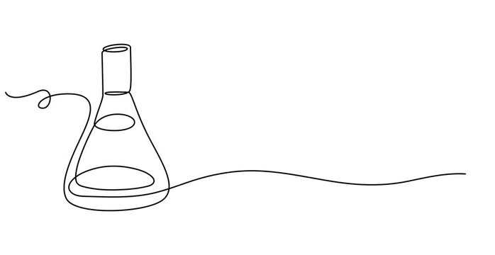 Animated self drawing of continuous one line draw chemistry laboratory glassware. Graduated lab tube, beaker and flask. Equipment for chemical test. Swirl curl style. Full length single line animation