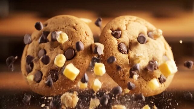 Chocolate chip cookies and nuts in a video of baking explosion on a kitchen counter