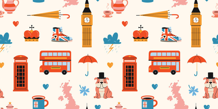 Seamless pattern with iconic London and British culture symbols like red bus, phone booth, umbrella, crown and map of the UK. Travel and England themed vector arts on light background, flat design