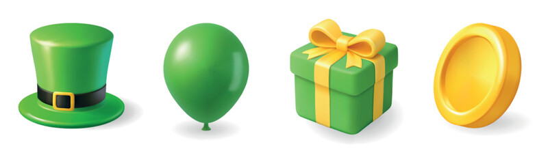 St. Patricks Day set. Leprechaun hat, green balloon, present with ribbon, and gold coin. 3D festive vector illustration