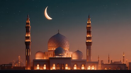 Ramadan concept mosque illuminated at dusk with crescent moon