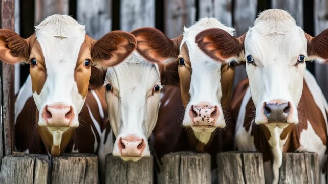 A of three cows in a barn looking at the with curiosity