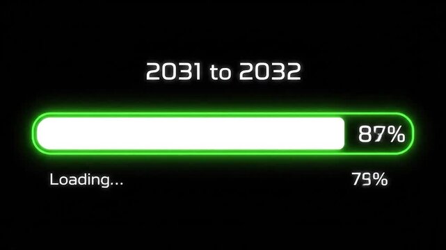 A futuristic, glowing green progress bar indicates the loading of time from 2031 to 2032 on a black background