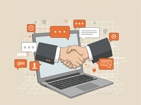Handshake over laptop with social media icons floating around  symbolizing online agreement and partnership