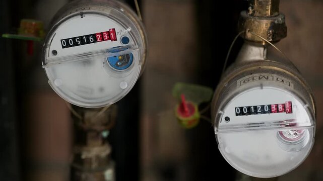 Close-up of two indoor water meters with white faces and red digits mounted on metal pipes in a utility space with natural condensation