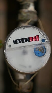 Close-up of a household water meter with mechanical digits rotating to record consumption against a blurred background of industrial pipes