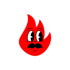 Funny red flame cartoon character with big mustache and side-glancing expressive eyes. Comic vector character