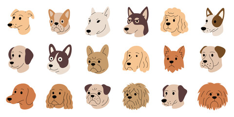 Cartoon dog breed set. Cute puppy faces collection for pet logos, stickers and children designs