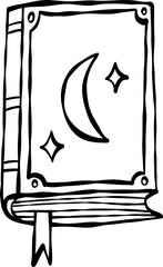 Closed Magic Book with Moon Outline Doodle Hand Drawn