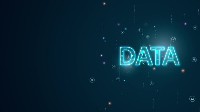 DATA text with floating technology icons in futuristic digital space representing big data information flow, and digital transformation for corporate with analytics and technology videos
