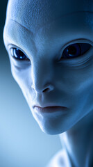 Fototapeta premium Humanoid alien with large dark eyes in a sci-fi setting symbolizing extraterrestrial intelligence and mystery. 