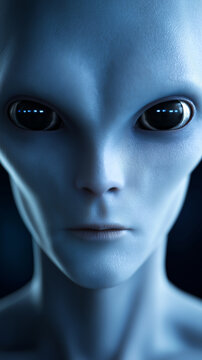 Humanoid alien with large dark eyes in a sci-fi setting symbolizing extraterrestrial intelligence and mystery.
