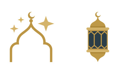 Ramadan Islamic Icon Set Mosque Dome and Arabic Lantern Golden Flat Vector