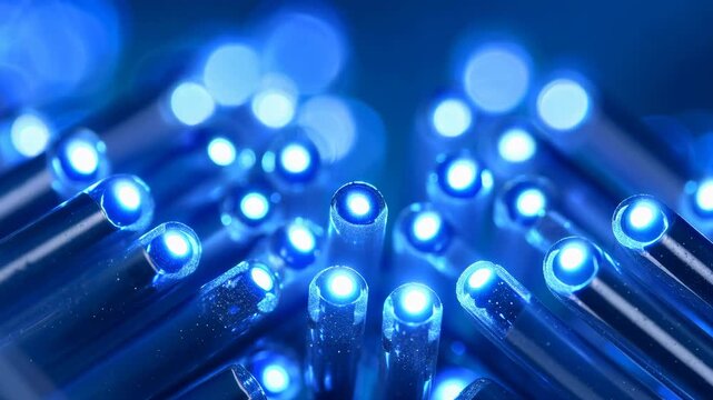 Macro shot of optical fiber cable tips emitting bright blue light with a bokeh background.