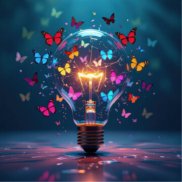 A broken lightbulb with colorful butterflies flying out, against a translucent background, transformation and creativity concept.eps