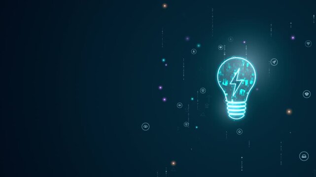digital light bulb with lightning symbol and technology icons, representing innovation, creative ideas, and smart energy concepts for business, startup, and technology videos.