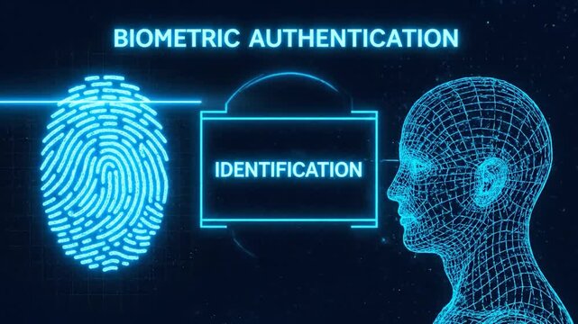 A futuristic illustration depicts biometric authentication via fingerprint and face scan
