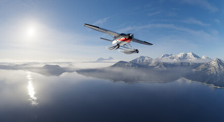 Seaplane Flight Over Snowy Mountains and Fjord With Bright Sunlit Sky - 3D Rendering