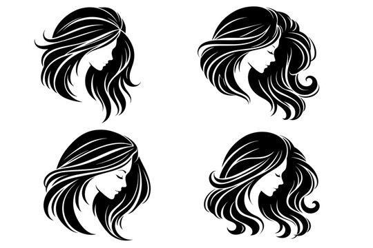 Collection of four elegant female face silhouettes with flowing hair, black on white. Modern beauty salon logo set for hairstylist, cosmetics, spa branding, fashion, and glamour concept.