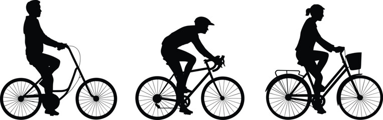 Fototapeta premium Bicycle rider silhouette set showing men and women cycling in different poses isolated on white background urban transport vector illustration