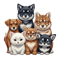 Obraz premium A group of adorable cartoon animals sitting together on transparent background