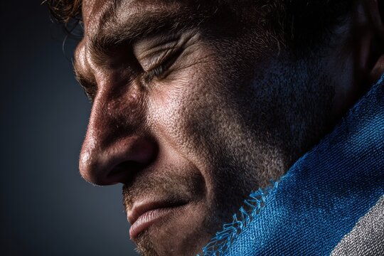 Close-up Portrait of Emotional Man with Blue and White Cloth