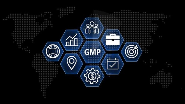 GMP for Business and Finance Concept. Business, Technology, Internet and network concept on world background. 4k video