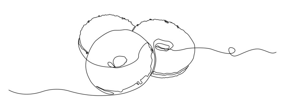 Minimalist monoline illustration of a donut drawn in a continuous single line style. Simple food art with a black outline and a clean, modern aesthetic, isolated on a white background.
