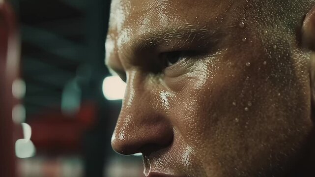 A focused male boxer with sweat on his face in a gym during an intense workout video