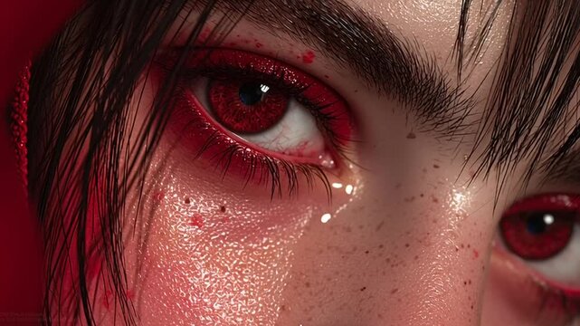 A close-up video of a woman's face with red eyes and tears streaming down her cheek in a dramatic and emotional scene