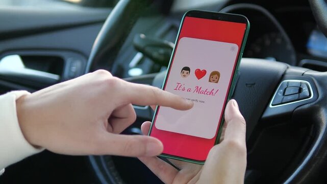 Finding love on the go: smartphone screen features a dating app match notification. Concept of digital romance, mobile connectivity, and app-based matchmaking in a modern urban setting. High-quality