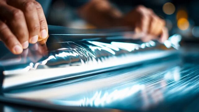 A person's hand interacting with a glowing digital surface in a dark room with futuristic technology