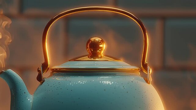 A steaming blue teapot with a golden handle and lid sits on a table in front of a brick wall, emitting a warm and cozy atmosphere in this video content.