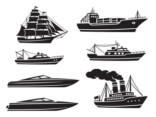 Ship and boat silhouette icon black on white background vector