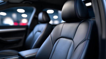 Modern luxury car interior featuring black leather front seats with ambient lighting.
