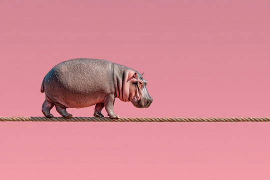 An image of a hippopotamus walking on a thin rope on a pink background. Surreal image of a hippopotamus on a tightrope