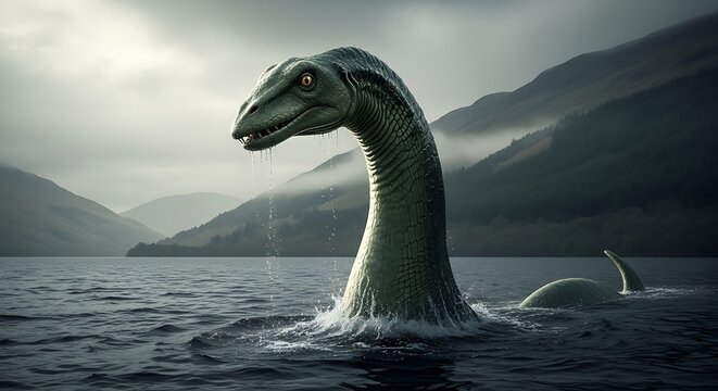 Reptilian creature emerges from dark, misty waters surrounded by mountainous terrain