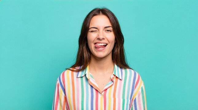 Woman winking and sticking out her tongue in front of a blue background