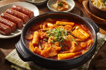 photo of korean tteokbokki in a black iron pot, with a vibrant red sauce and large pieces of saut&eacute;ed baby potatoes with green herbs on top, placed over a wooden table at an outdoor cafe. 