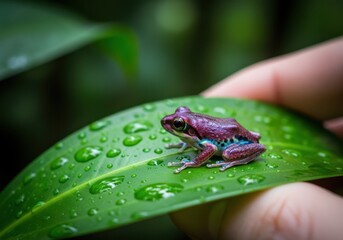 Obraz premium A small purple frog sitting on a wet green leaf with water droplets