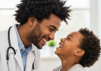 Naklejka premium Smiling african american doctor and child looking at each other in a bright office