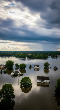 Residential buildings are partially submerged by rising floodwaters beneath a dramatic, overcast sky