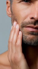 Fototapeta premium Adult man touching his cheek while suffering from toothache pain. 