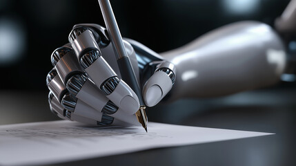 Robotic hand holding pen and writing on paper symbolizing artificial intelligence.
