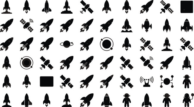 Repeating pattern of black rocket ship and satellite icons fills the entire composition space.