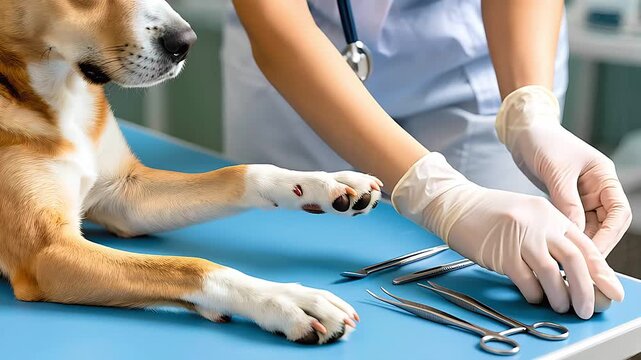 Professional veterinarian preparing surgical tools for dog examination in clinic